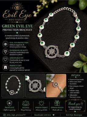 Green Evil Eye Protection Bracelet - Handmade Silver Chain